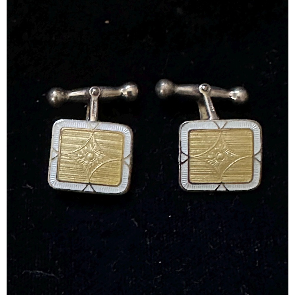 Art Deco Sterling Silver & Guilloche Enamel Cuff Links Yellow White